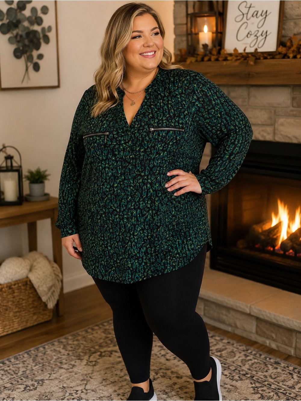 Jaclyn Smith Green Leopard Spotted Blouse